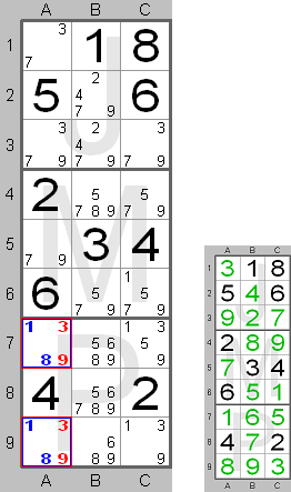 Hidden pair found by the Sudoku Instructions Program with part of the solution